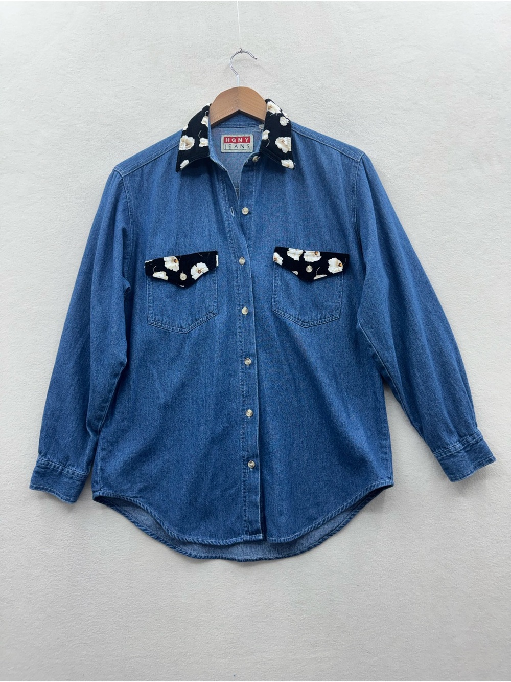 Vintage HGNY Jeans Womens Small Button Up Velvet Trim Blue Denim Shirt